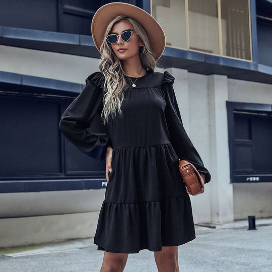 Damen Stufiges Minikleid mit Rüschen-Schultern und Langarm Nord Taschen