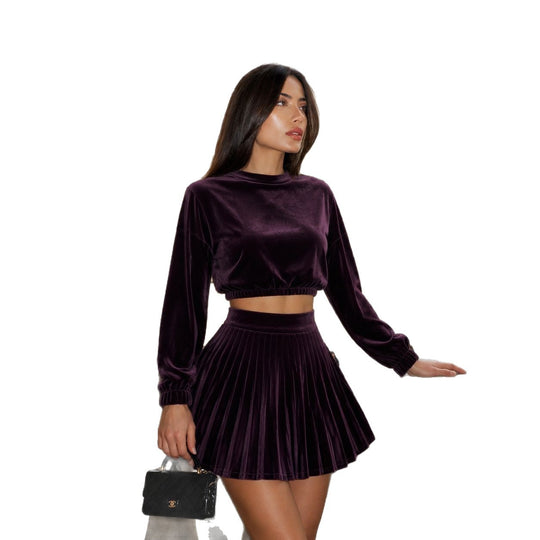 Damen Samt-Cropped Sweater mit Ballonärmeln und Plissee-Minirock Nord Taschen