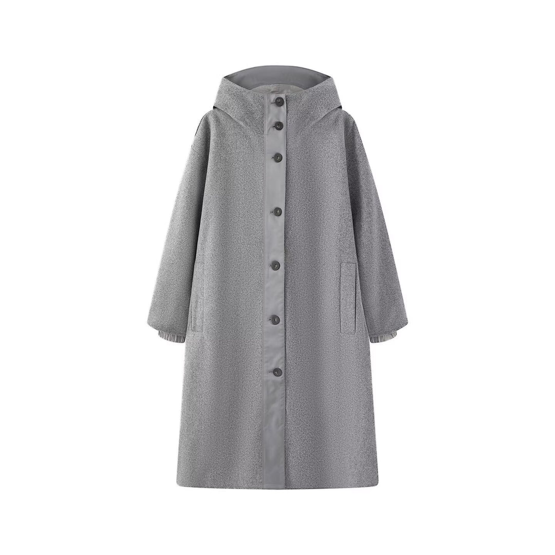 Damen Weicher Oversize Wollmix‑Mantel mit Kapuze und durchgehender Knopfleiste Nord Taschen