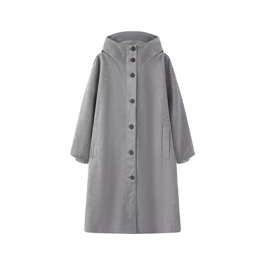 Damen Weicher Oversize Wollmix‑Mantel mit Kapuze und durchgehender Knopfleiste Nord Taschen
