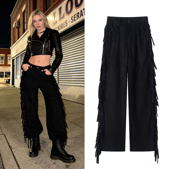 Damen Weite High‑Waist Schlaghose mit seitlichen Fransen und Wildleder‑Optik Nord Taschen