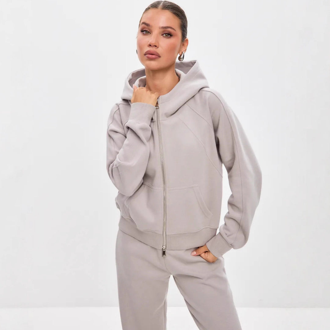 Damen entspanntes Fleece-Zweiteiler Set mit Raglan-Kapuzenjacke, durchgehendem Reißverschluss und gerader Relax-Jogginghose Nord Taschen