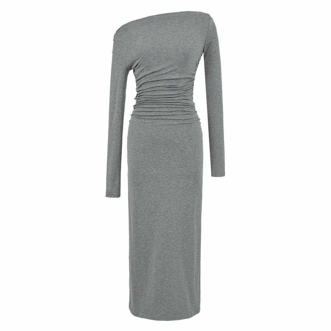 Damen Einschulter-Midikleid mit Langarm und seitlicher Raffung Nord Taschen