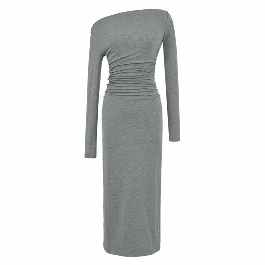 Damen Einschulter-Midikleid mit Langarm und seitlicher Raffung Nord Taschen