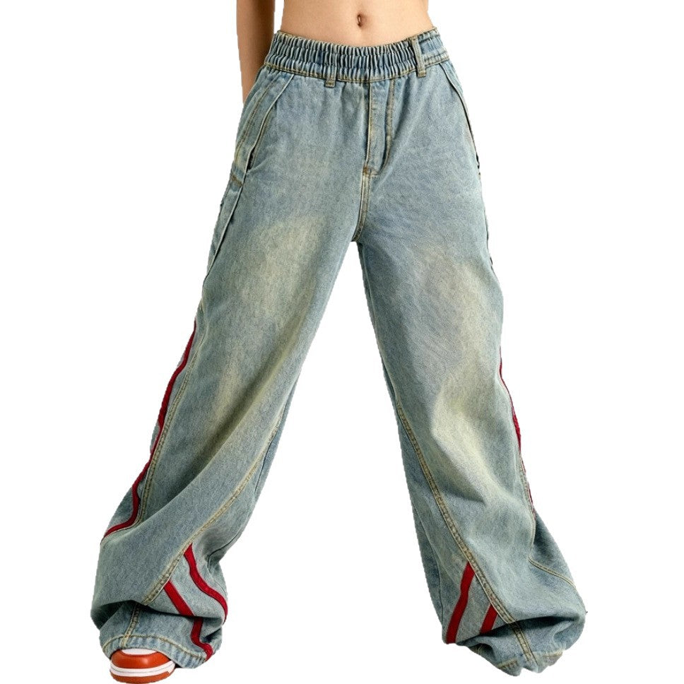 Damen tiefsitzende extraweite Baggy-Jeans aus Vintage-Denim mit seitlichen Tape-Streifen Nord Taschen
