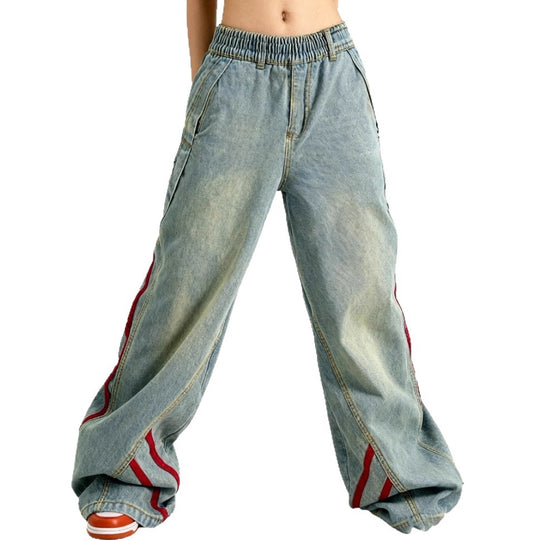 Damen tiefsitzende extraweite Baggy-Jeans aus Vintage-Denim mit seitlichen Tape-Streifen Nord Taschen
