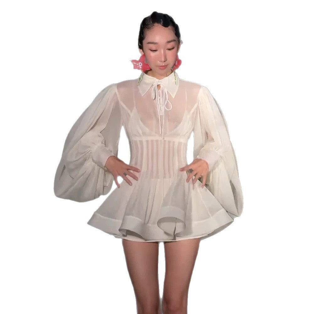 Damen Transparentes Chiffon-Minikleid mit Korsagenoptik, Puffärmeln und ausgestelltem Rock Nord Taschen