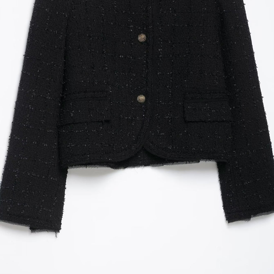 Damen Kurze Bouclé-Tweedjacke ohne Kragen mit goldfarbenen Zierknöpfen Nord Taschen
