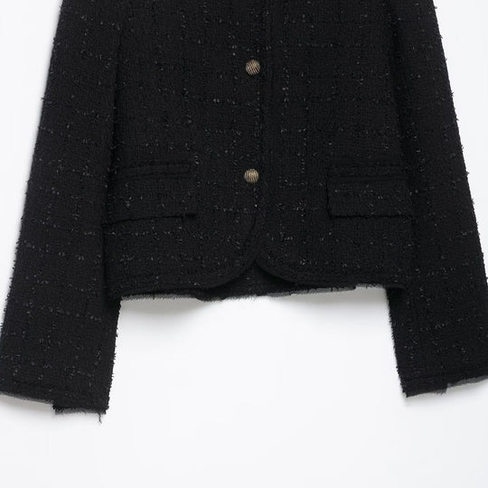 Damen Kurze Bouclé-Tweedjacke ohne Kragen mit goldfarbenen Zierknöpfen Nord Taschen