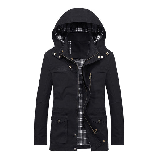Herren Canvas-Fieldparka mit Kapuze, kariertem Innenfutter und Multifunktionstaschen Nord Taschen
