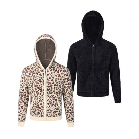 Damen Kapuzen-Fleecejacke aus Teddystoff mit Leopardenmuster und Reißverschluss Nord Taschen