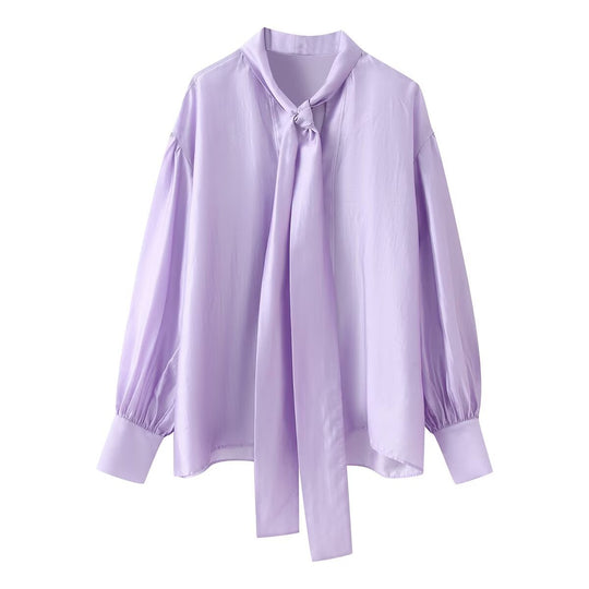 Damen Seidenähnliche Bluse mit weitem Schnitt, langen Schleifenbändern und Ballonärmeln Nord Taschen