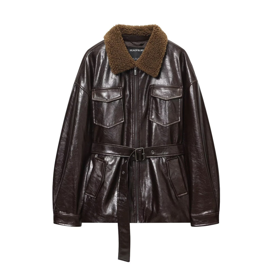 Damen Oversized Lederimitat-Jacke mit Teddykragen und Taillengürtel Nord Taschen