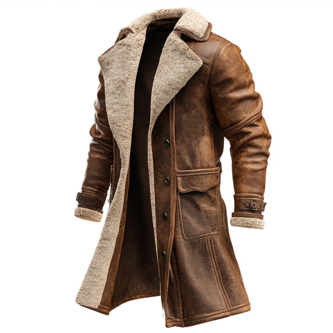 Herren Langer Vintage-Lederimitatmantel mit Teddyfutter und verstellbaren Schnallenmanschetten Nord Taschen