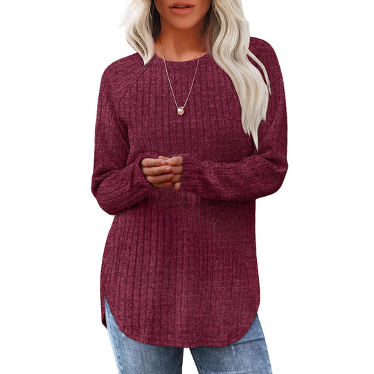 Damen gerippter Strickpullover mit Rundhalsausschnitt Oversize-Passform und Seitenschlitzen Nord Taschen