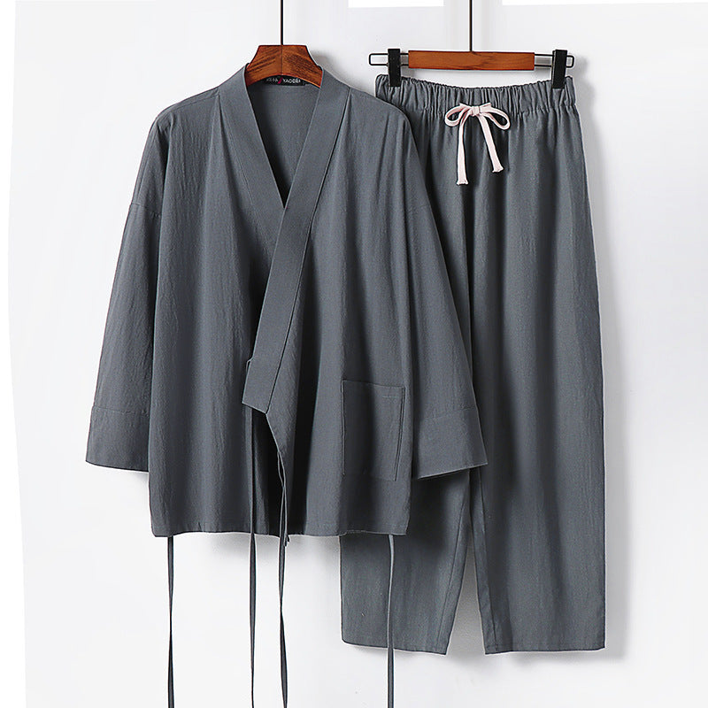 Unisex Leichtes Kimono-Lounge-Set aus weichfallendem Baumwoll-Mix mit Tunnelzughose Nord Taschen