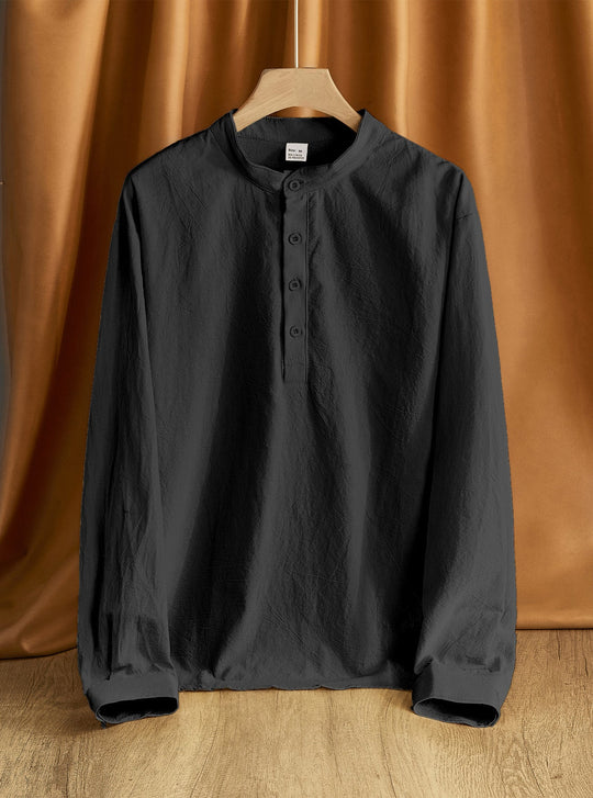 Herren nan Nehru-Kragen-Henley aus Baumwollstretch mit verdeckter Knopfleiste und schmaler Passform