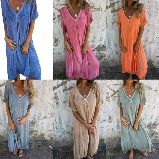Damen Leichtes Sommerkleid mit V-Ausschnitt und weiten Ärmeln