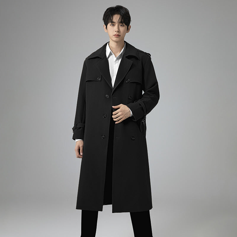 Herren Moderner Maxilanger Doppelreihiger Trenchcoat mit klassischem Revers und verstellbaren Manschetten Nord Taschen