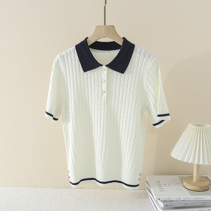 Damen Kurzarm Strickpoloshirt mit Zopfmuster und Kontrastkragen Nord Taschen