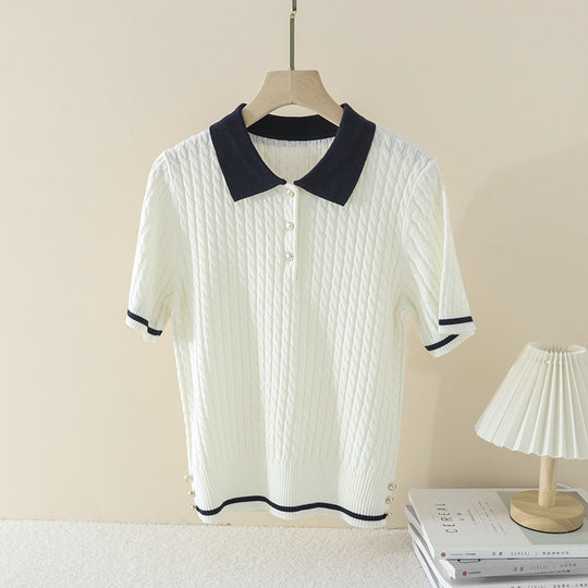 Damen Kurzarm Strickpoloshirt mit Zopfmuster und Kontrastkragen Nord Taschen