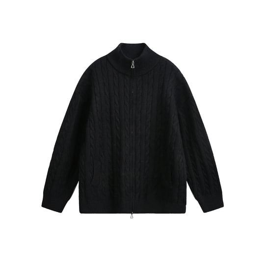Unisex Grobstrick-Pullover mit Zopfmuster, hohem Stehkragen und Zwei-Wege-Reißverschluss Nord Taschen