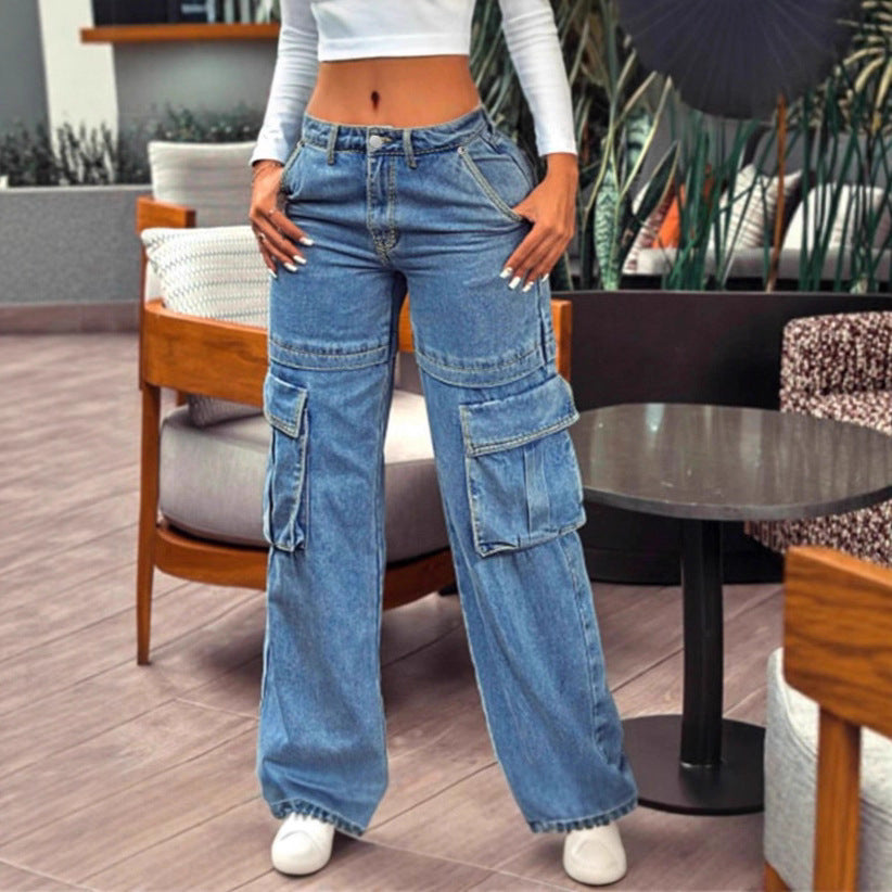 Damen tiefsitzende Wide‑Leg Cargo-Jeans mit XXL-Klappentaschen Nord Taschen
