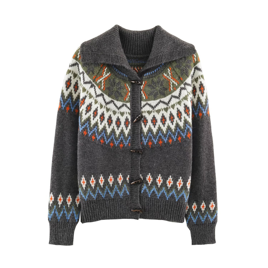 Damen Grobgestrickter Norweger-Cardigan mit Schalkragen und Hornknopfleiste Nord Taschen