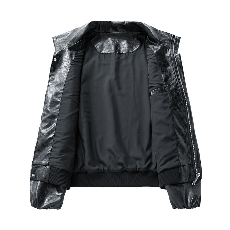 Herren Oversize Kunstleder‑Fliegerjacke mit breitem Umlegekragen, Zwei‑Wege‑Reißverschluss & gerippten Abschlüssen Nord Taschen