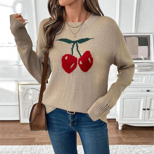 Damen Lässiger Pullover mit Kirschapplikationen Nord Taschen