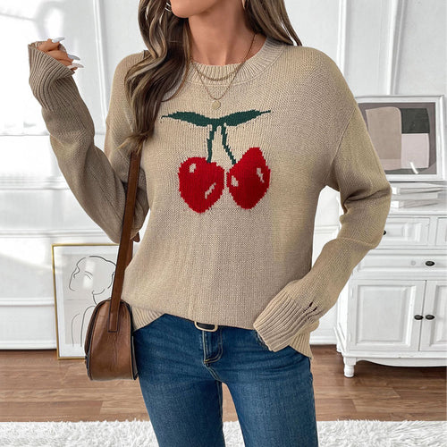 Damen Lässiger Pullover mit Kirschapplikationen Nord Taschen