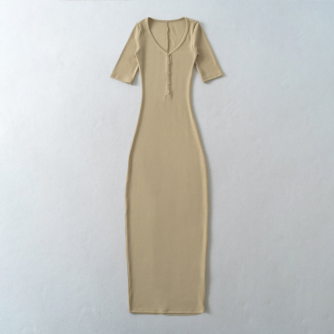 Damen Figurbetontes Midikleid aus Rippstrick mit Knopfleiste und halblangen Ärmeln Nord Taschen