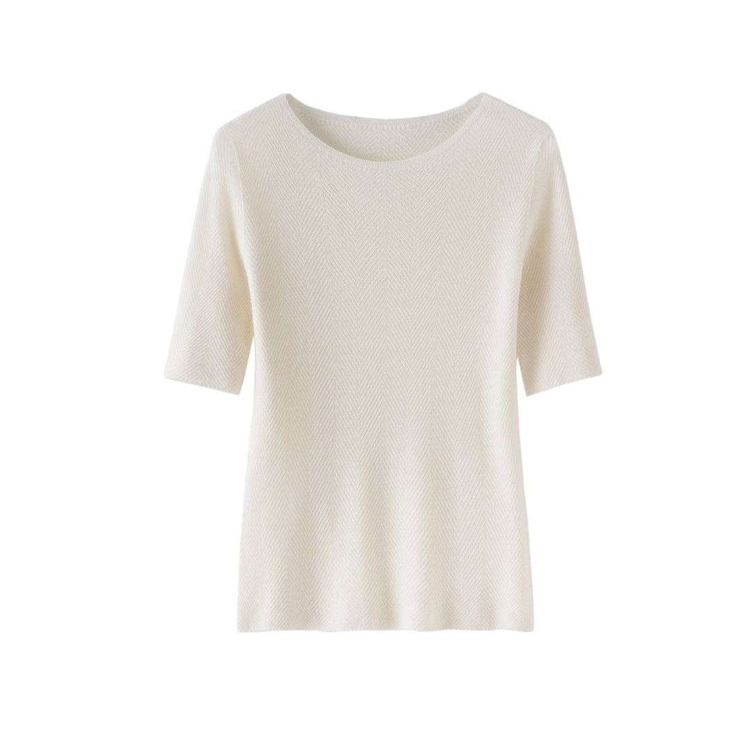 Damen Lockeres Feinstrick-Tunika-Shirt mit U-Boot-Ausschnitt und Fischgrätstruktur Nord Taschen