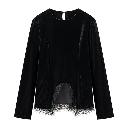 Damen Samt-Longsleeve mit Spitzensaum und geschwungenem Vorderdetail Nord Taschen