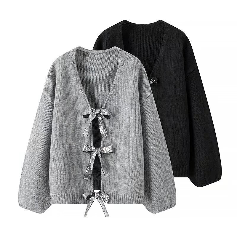 Damen Oversize-Strickcardigan mit V‑Ausschnitt und Pailletten‑Schleifen Nord Taschen