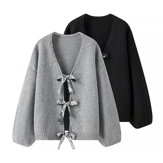Damen Oversize-Strickcardigan mit V‑Ausschnitt und Pailletten‑Schleifen Nord Taschen