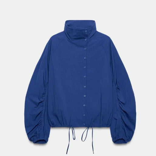 Damen Kurz geschnittene Wollmix-Jacke mit Stehkragen, Reißverschluss und Ballonärmeln Nord Taschen