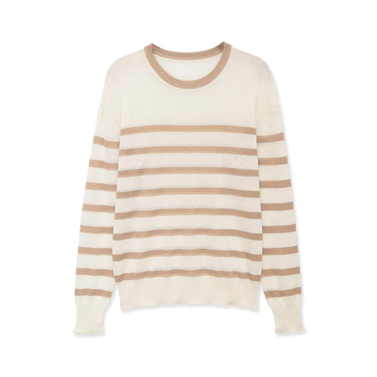 Damen Feinstrickpullover mit Lurex-Streifen und Rundhalsausschnitt Nord Taschen
