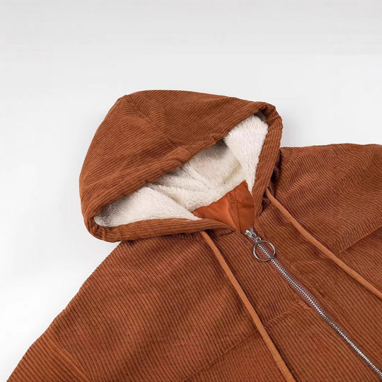 Damen Kurz geschnittene Cordjacke mit Kapuze, Teddyfutter und durchgehendem Reißverschluss Nord Taschen