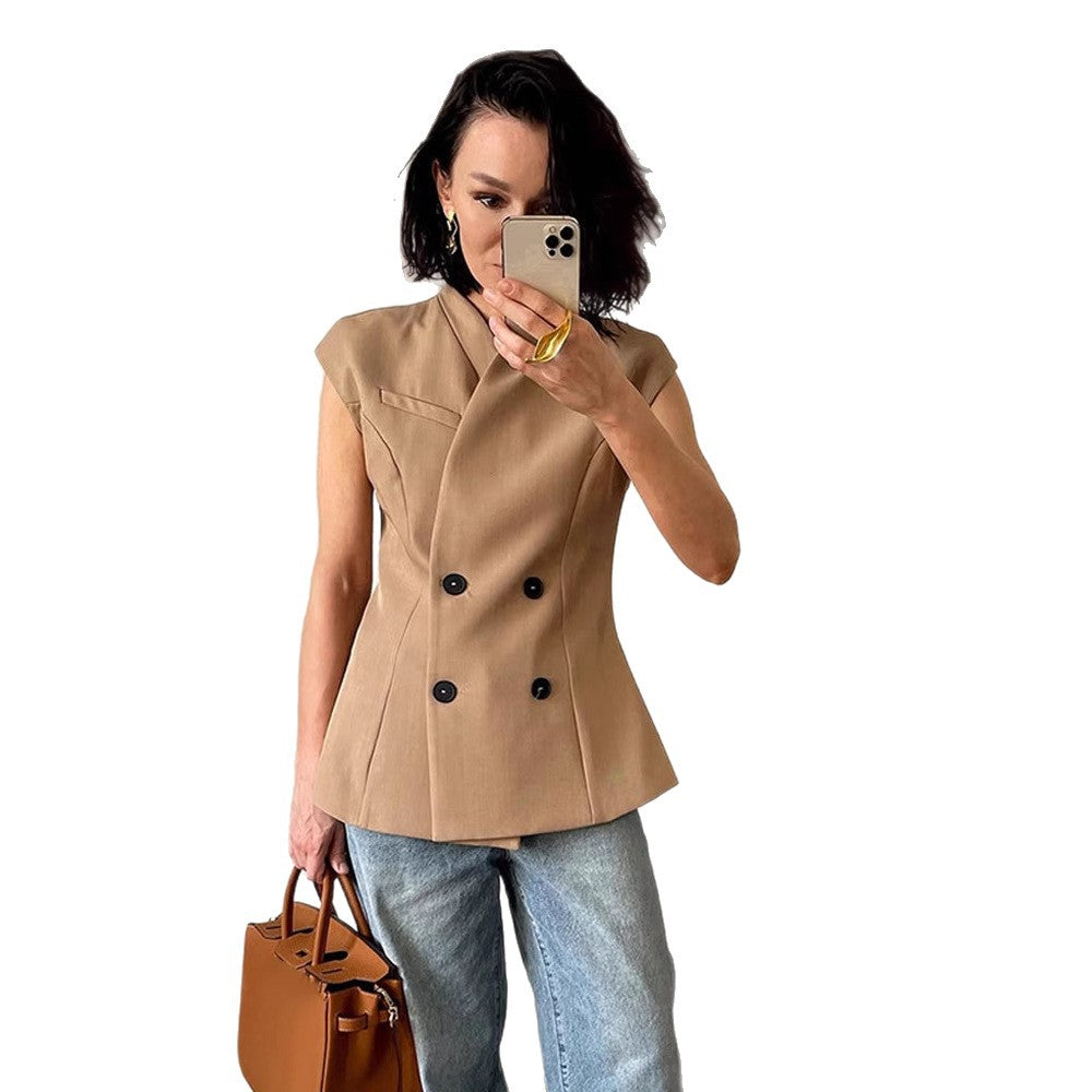 Damen Ärmellose taillierte Blazer-Weste mit doppelter Knopfleiste & strukturierter Schulterpartie Nord Taschen