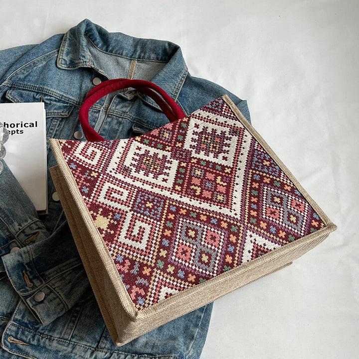 Damen Jute-Tragetasche mit farbenfrohem, geometrischem Muster Nord Taschen
