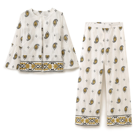 Damen Weite Leinenhose mit Paisley‑Print und besticktem Saum Nord Taschen
