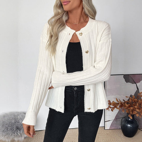 Damen Feinstrick-Cardigan mit Rippenstruktur und herzförmigen Zierknöpfen Nord Taschen
