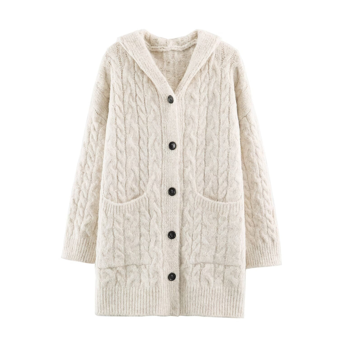 Damen Langgestrickter Kapuzen-Cardigan mit Zopfmuster und Knopfleiste Nord Taschen