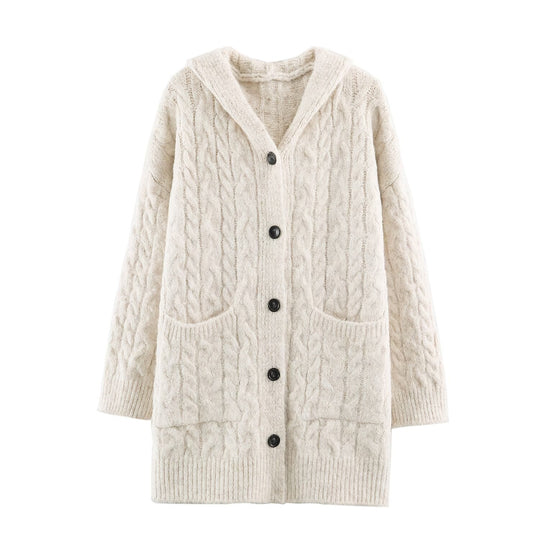 Damen Langgestrickter Kapuzen-Cardigan mit Zopfmuster und Knopfleiste Nord Taschen
