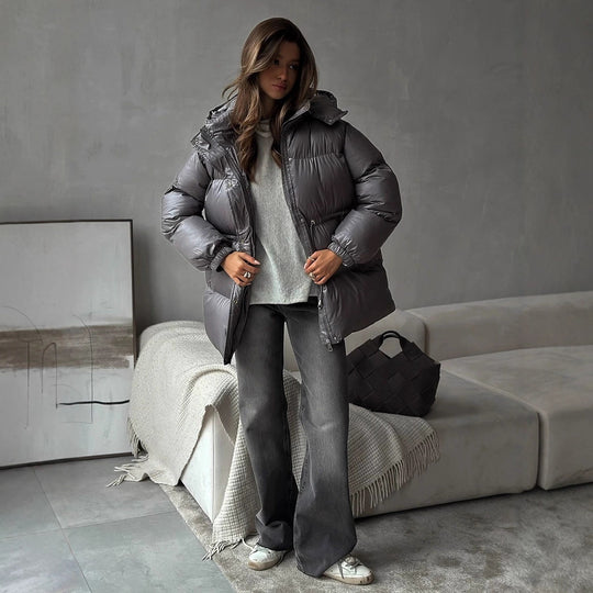 Damen gesteppte Steppjacke mit Taillenzug und Kapuze Nord Taschen