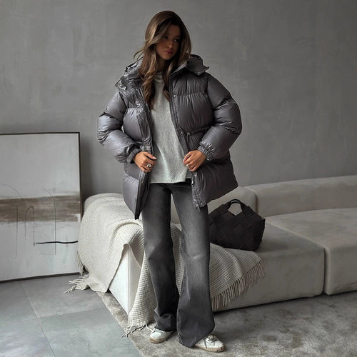 Damen gesteppte Steppjacke mit Taillenzug und Kapuze Nord Taschen