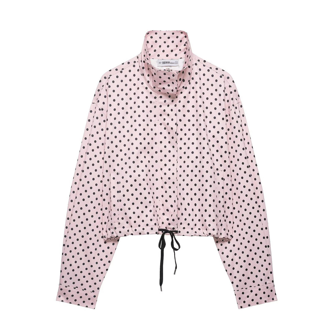 Damen Cropped-Übergangsjacke mit Polka-Dot, hohem Funnelkragen und Tunnelzug Nord Taschen