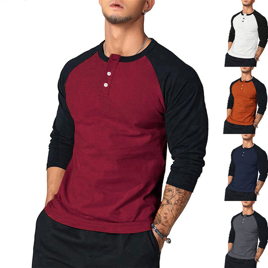 Herren Lässiges Langarm Henley-Shirt mit Kontrastärmeln Nord Taschen