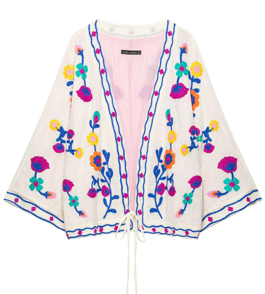 Damen Bestickter leichter Kimono-Cardigan mit floralem Motiv und Bindeband Nord Taschen